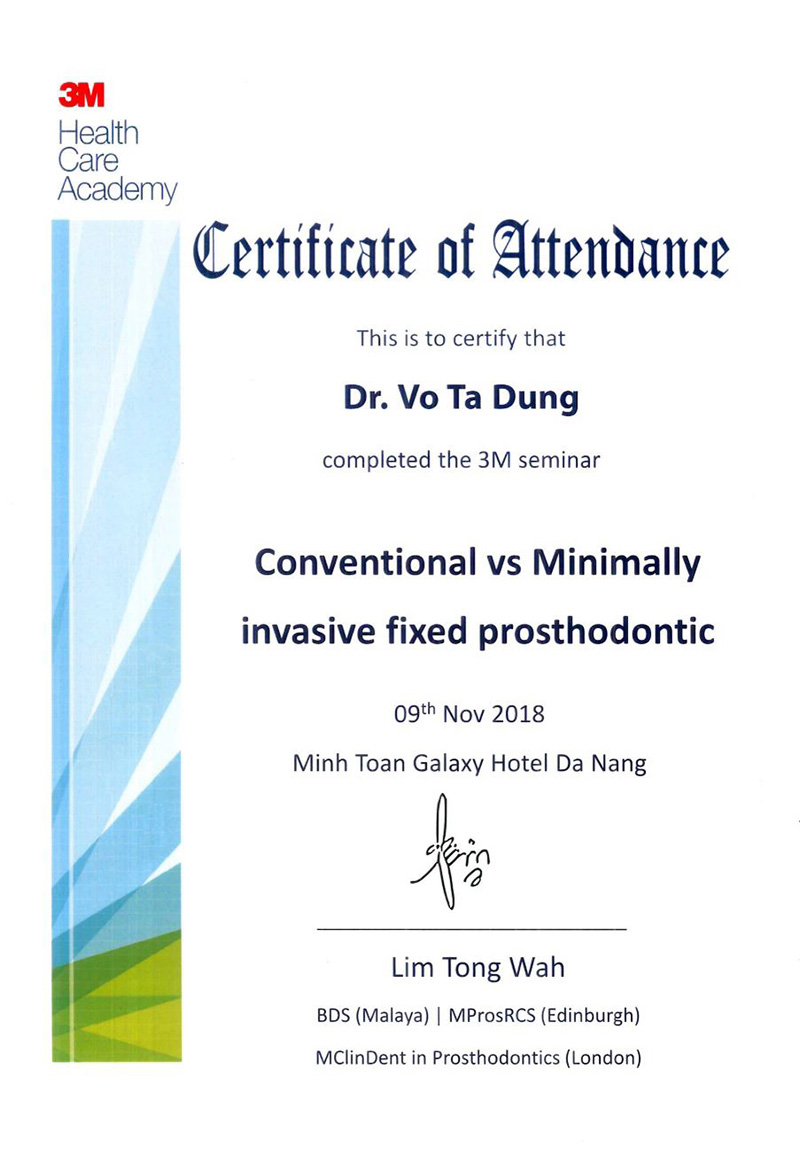 Certificate of attenbante Conventional vs Minimally invasive fixed prosthodontic