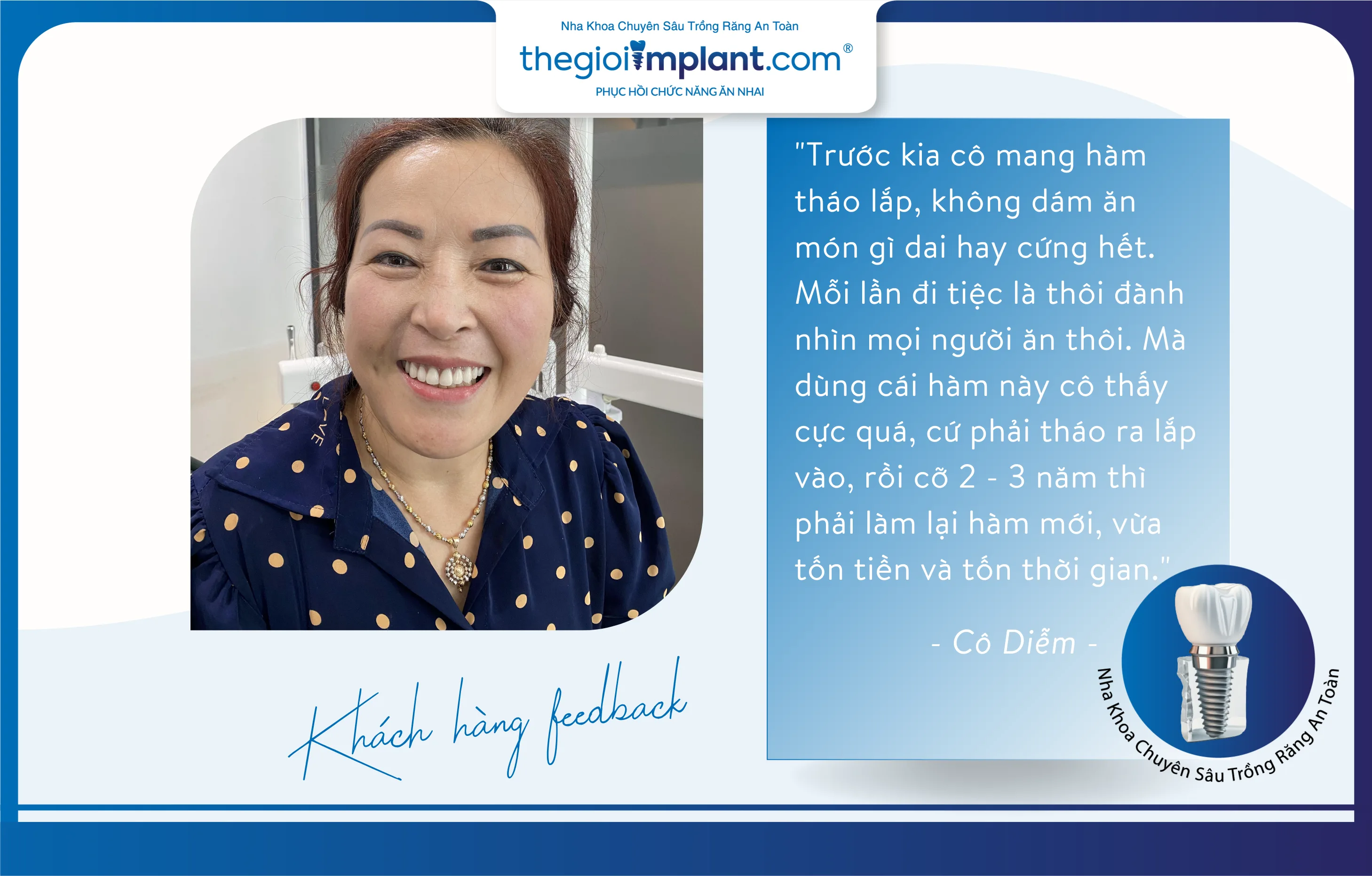 cô Diễm phản hồi sau khi trồng răng Implant