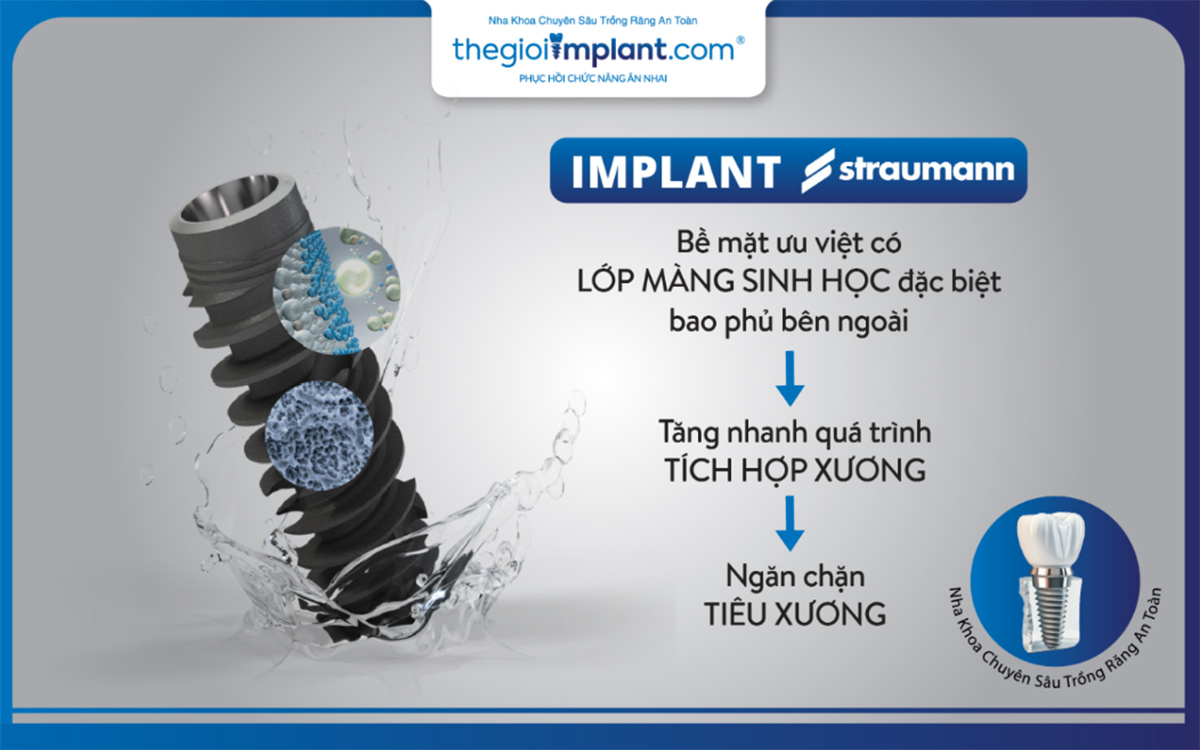 Trụ implant Straumann được làm từ titanium nguyên chất hoặc Roxolid®, một hợp kim titan có độ bền cao và khả năng tích hợp với xương tốt.