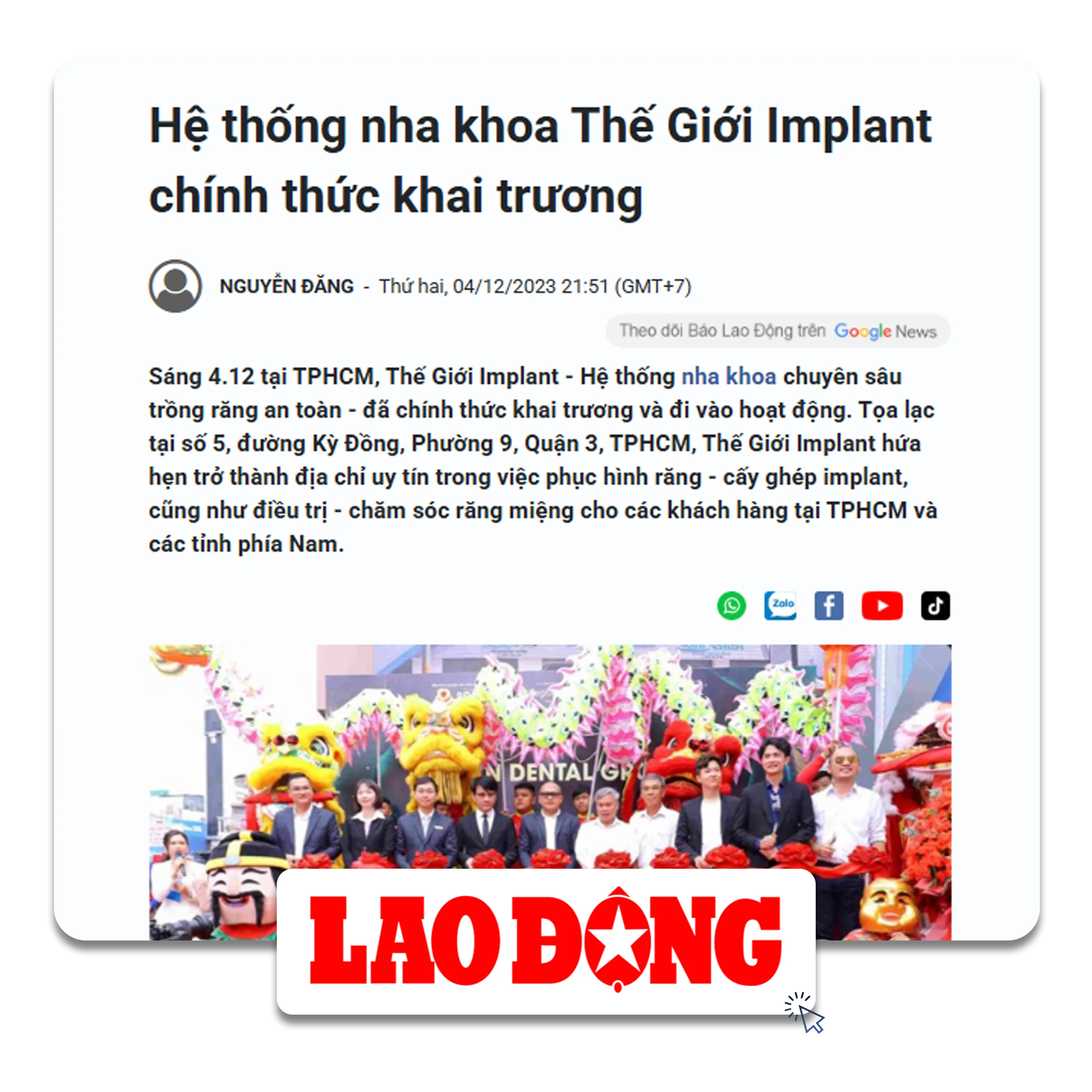 Báo Lao Động viết về Thegioiimplant.com
