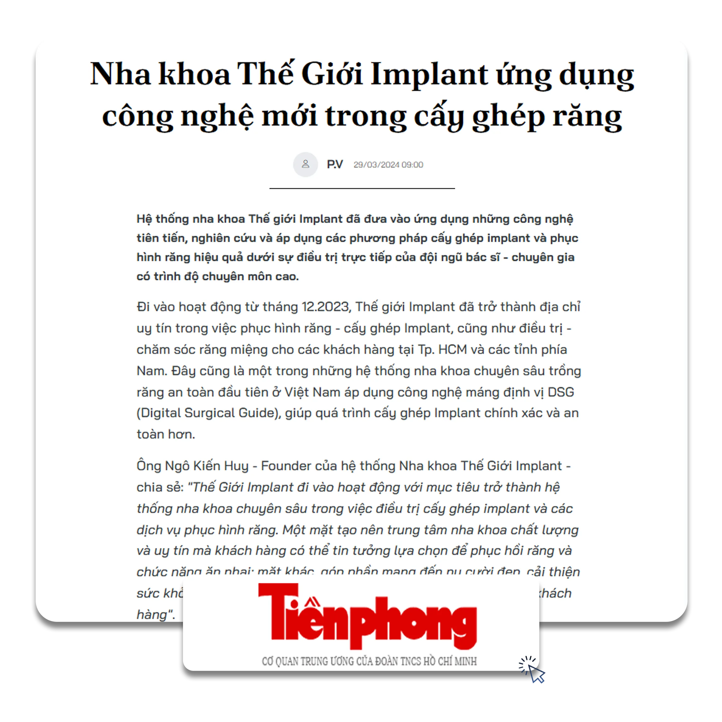 Báo Tiền Phong viết về Thegioiimplant.com
